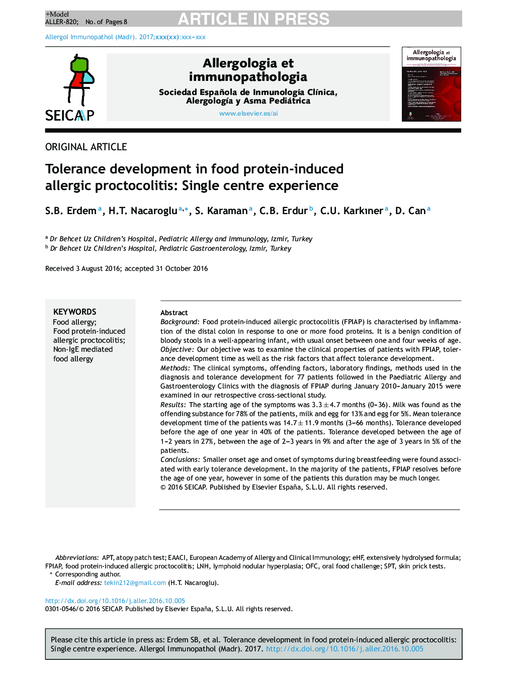 Tolerance development in food protein-induced allergic proctocolitis: Single centre experience