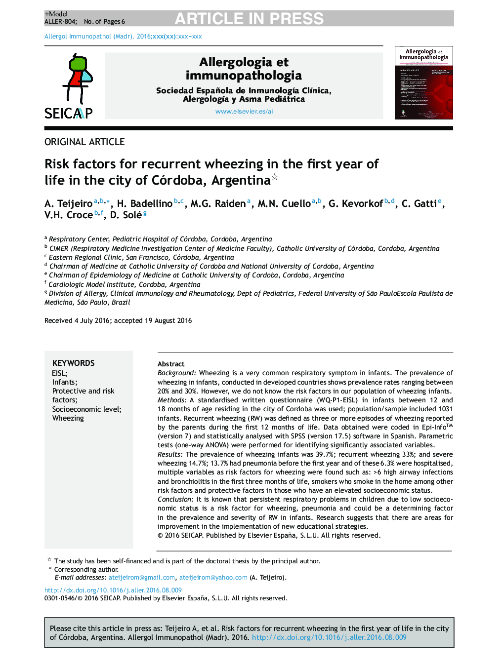 Risk factors for recurrent wheezing in the first year of life in the city of Córdoba, Argentina