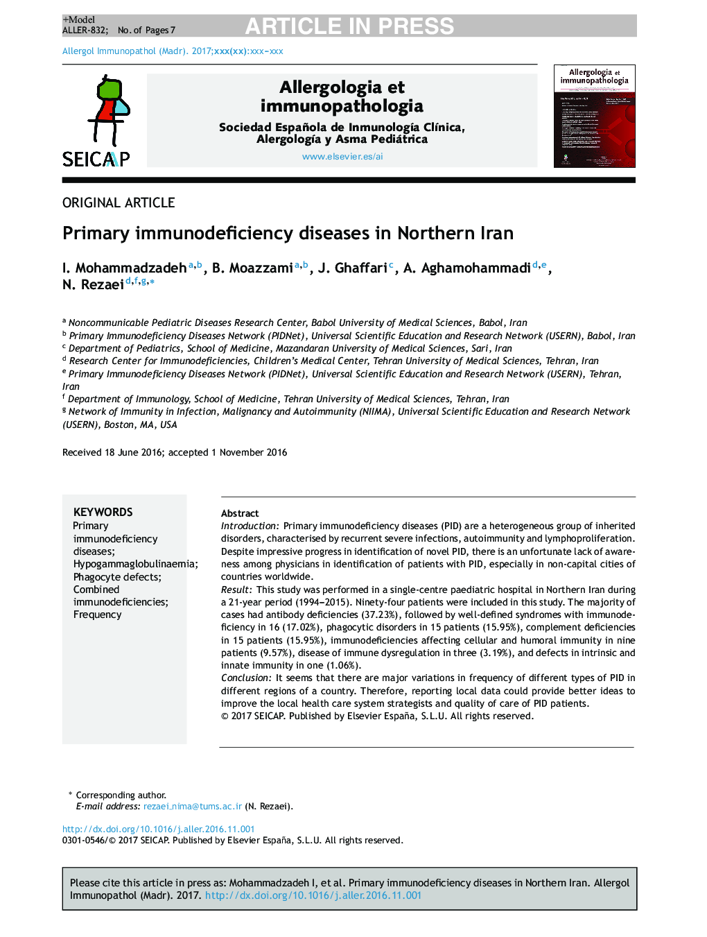 Primary immunodeficiency diseases in Northern Iran