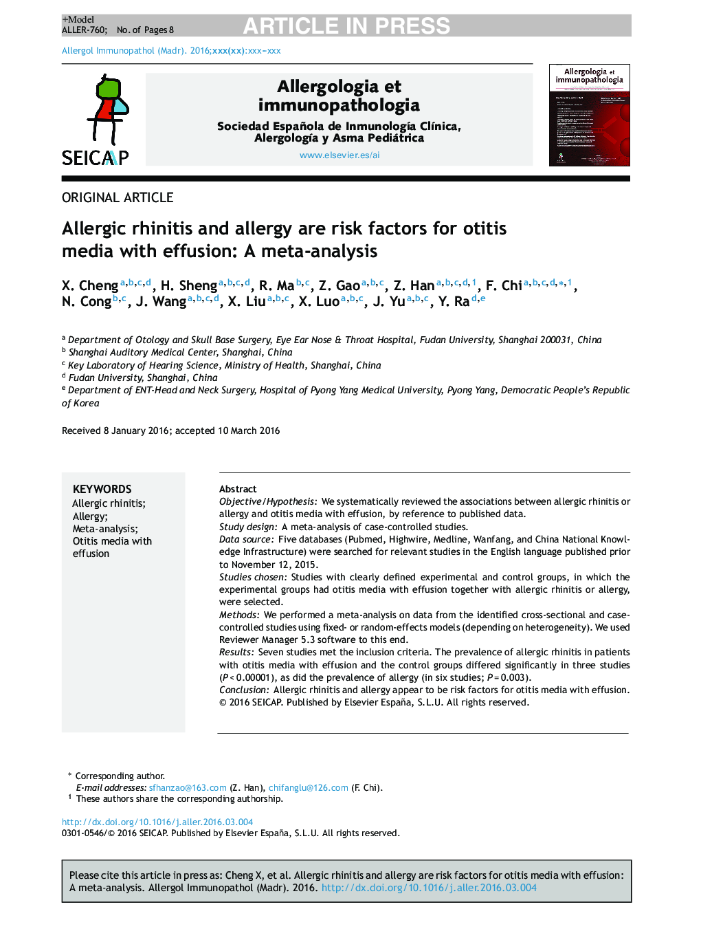 Allergic rhinitis and allergy are risk factors for otitis media with effusion: A meta-analysis