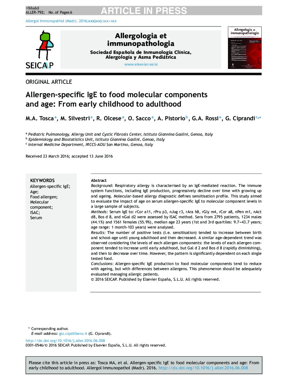 Allergen-specific IgE to food molecular components and age: From early childhood to adulthood