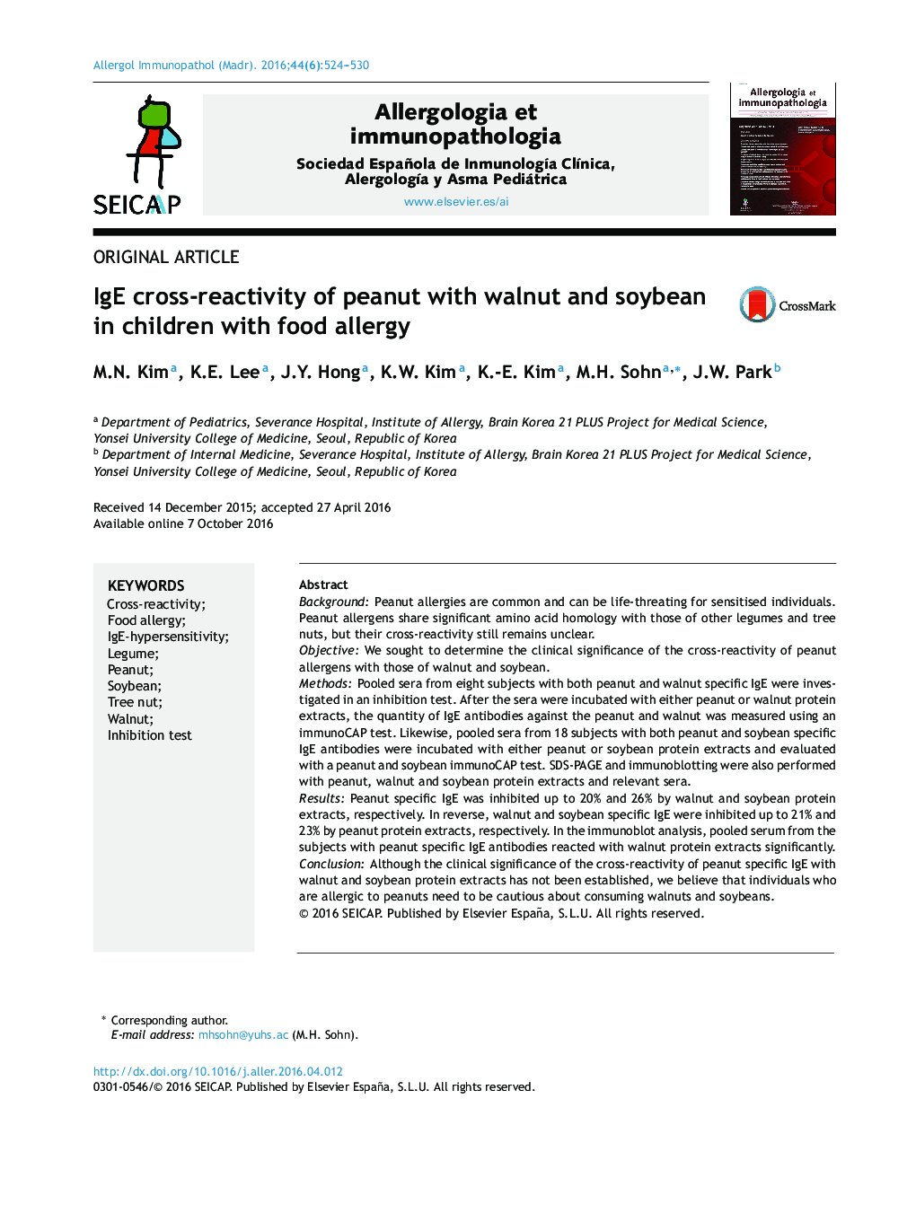 عکس صفحه اول مقاله: IgE cross-reactivity of peanut with walnut and soybean in children with food allergy IgE cross-reactivity of peanut with walnut and soybean in children with food allergy