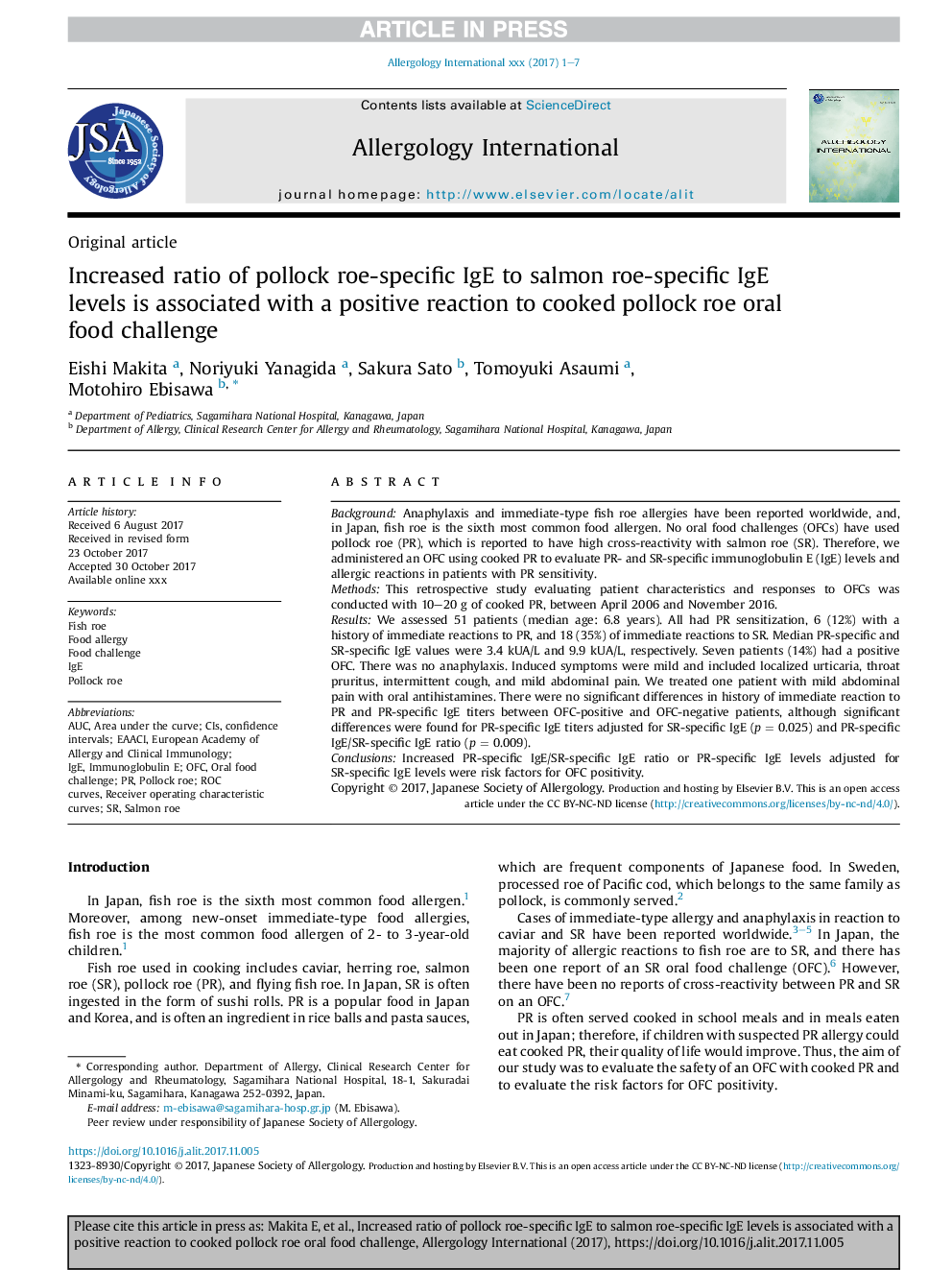 Increased ratio of pollock roe-specific IgE to salmon roe-specific IgE levels is associated with a positive reaction to cooked pollock roe oral food challenge