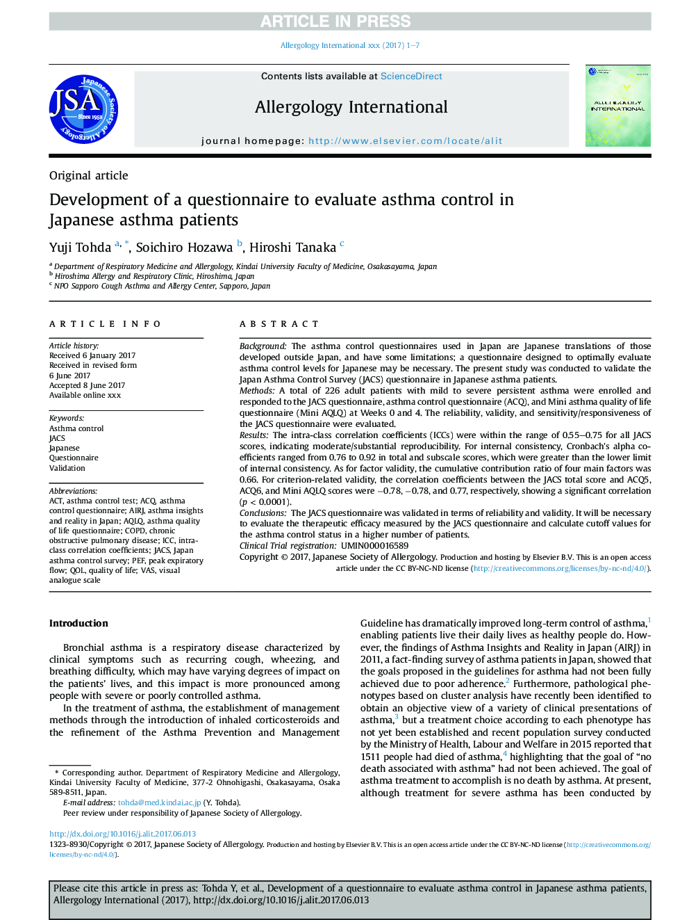 Development of a questionnaire to evaluate asthma control in Japanese asthma patients