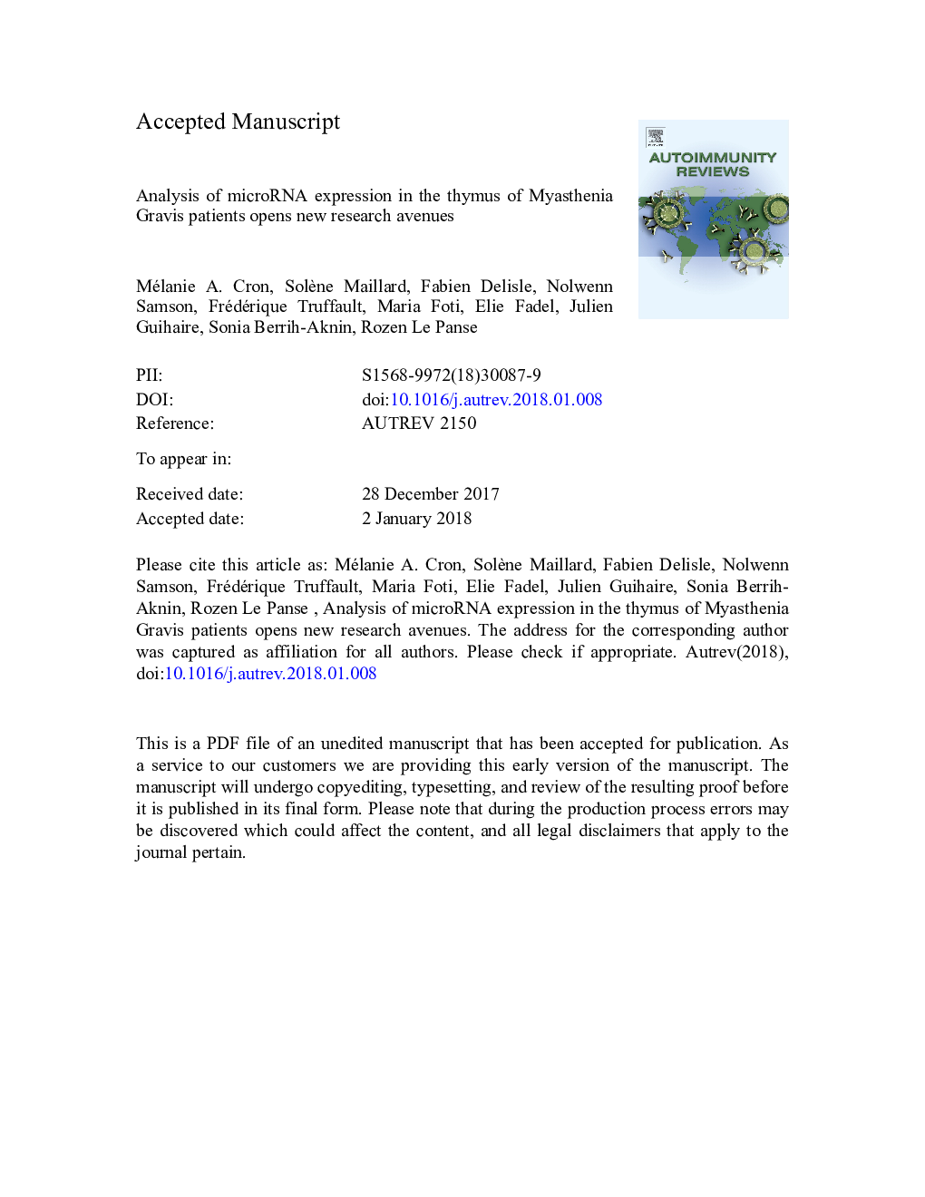 Analysis of microRNA expression in the thymus of Myasthenia Gravis patients opens new research avenues