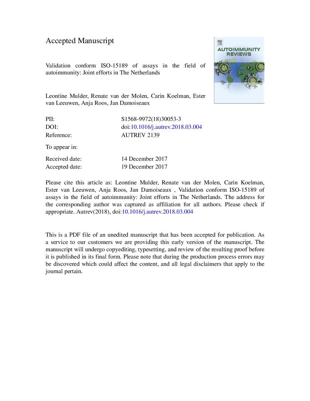 Validation conform ISO-15189 of assays in the field of autoimmunity: Joint efforts in The Netherlands