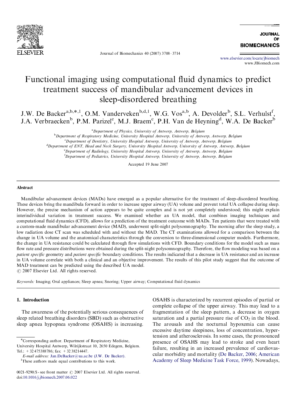 Functional imaging using computational fluid dynamics to predict treatment success of mandibular advancement devices in sleep-disordered breathing