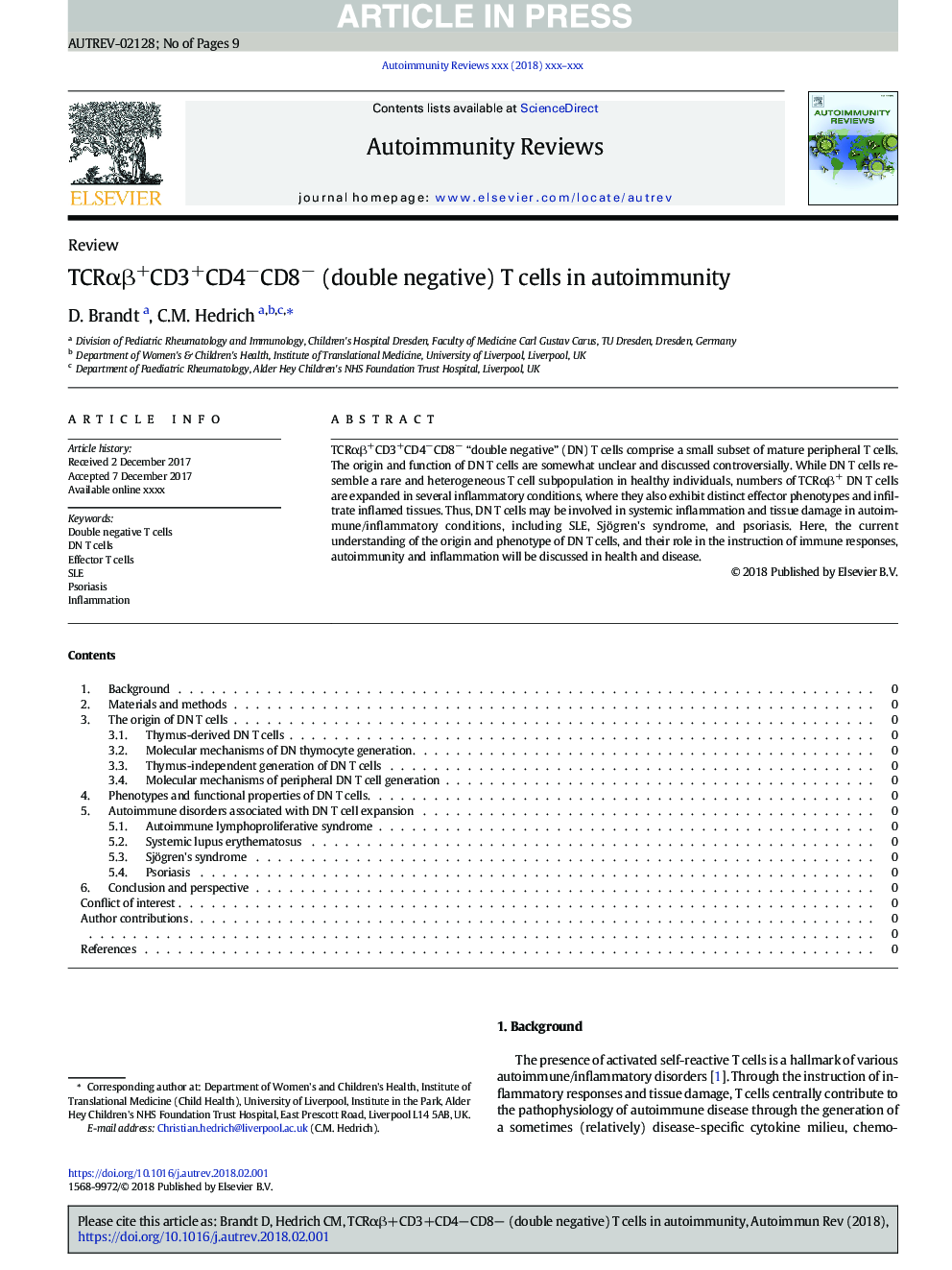 TCRÎ±Î²+CD3+CD4âCD8â (double negative) T cells in autoimmunity