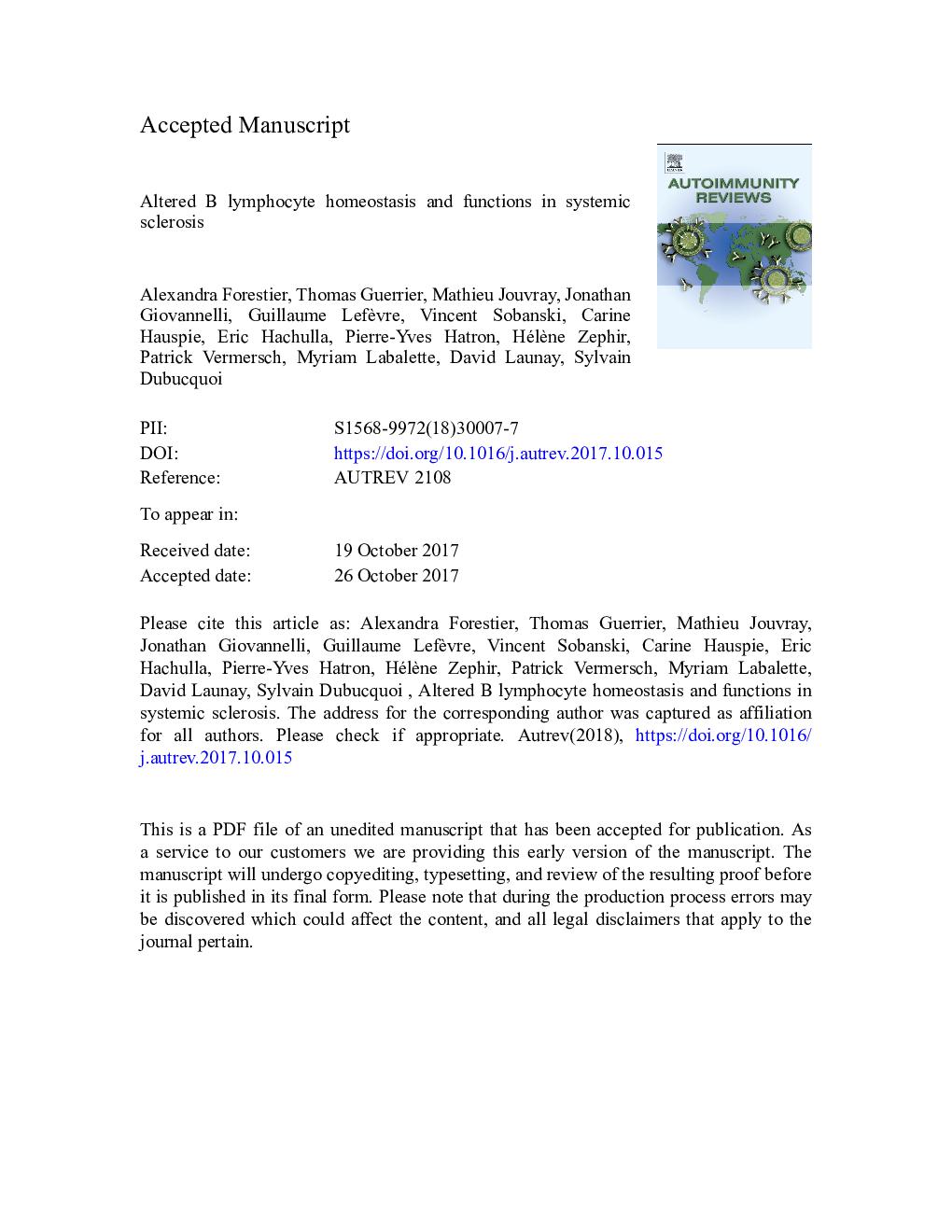 Altered B lymphocyte homeostasis and functions in systemic sclerosis