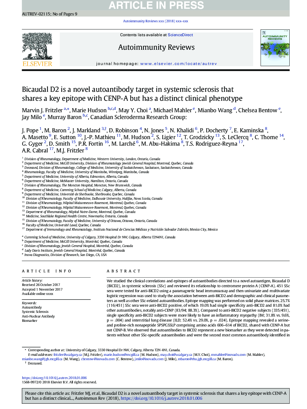 Bicaudal D2 is a novel autoantibody target in systemic sclerosis that shares a key epitope with CENP-A but has a distinct clinical phenotype