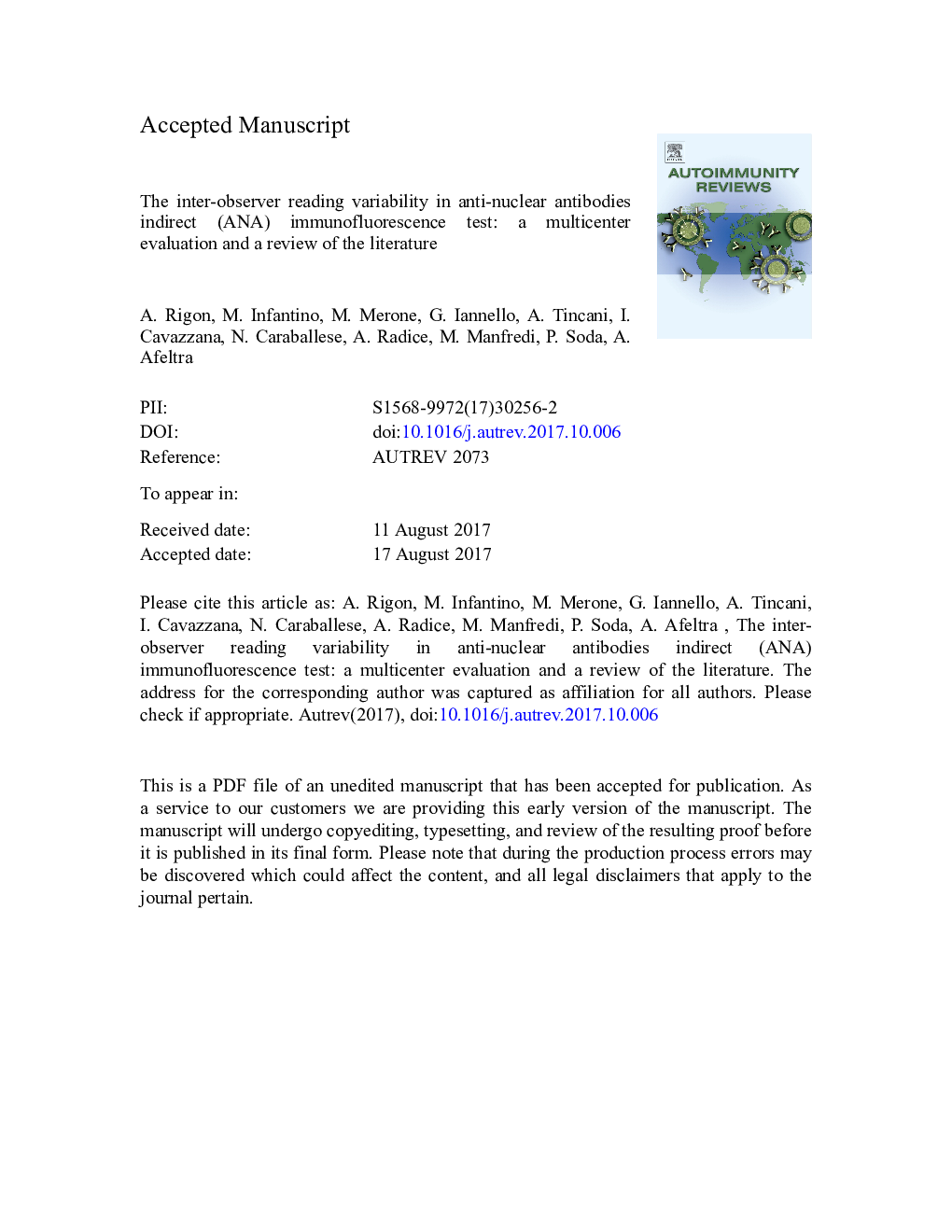 The inter-observer reading variability in anti-nuclear antibodies indirect (ANA) immunofluorescence test: A multicenter evaluation and a review of the literature