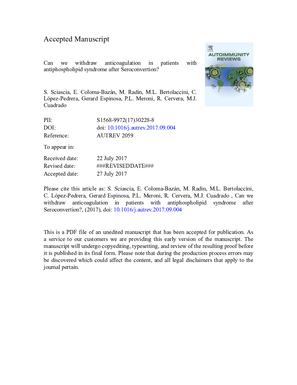 Can we withdraw anticoagulation in patients with antiphospholipid syndrome after seroconvertion?