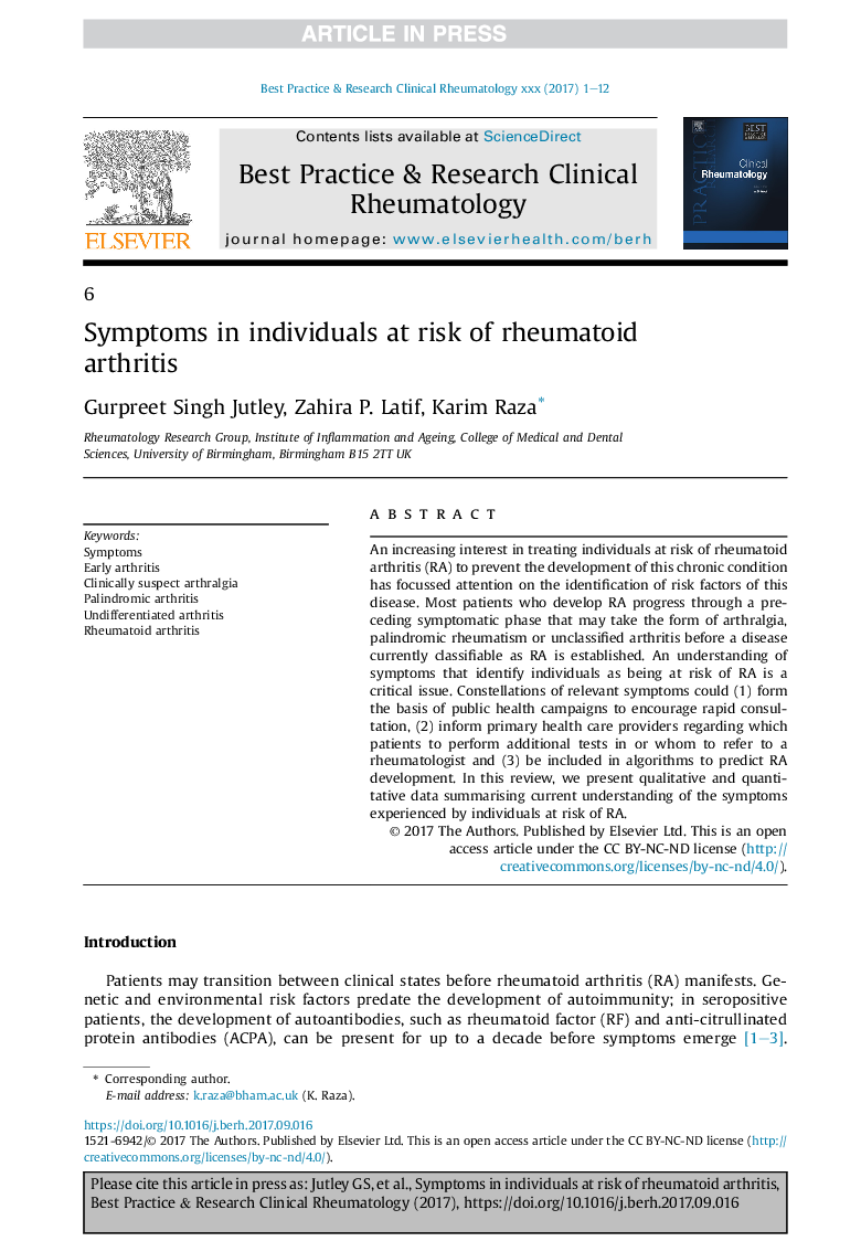 Symptoms in individuals at risk of rheumatoid arthritis