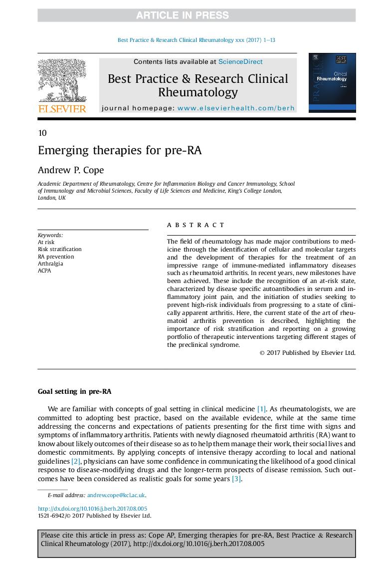 Emerging therapies for pre-RA