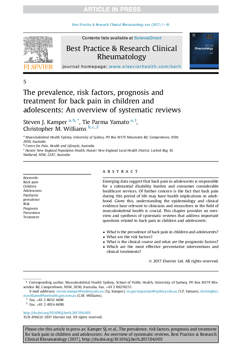 The prevalence, risk factors, prognosis and treatment for back pain in children and adolescents: An overview of systematic reviews