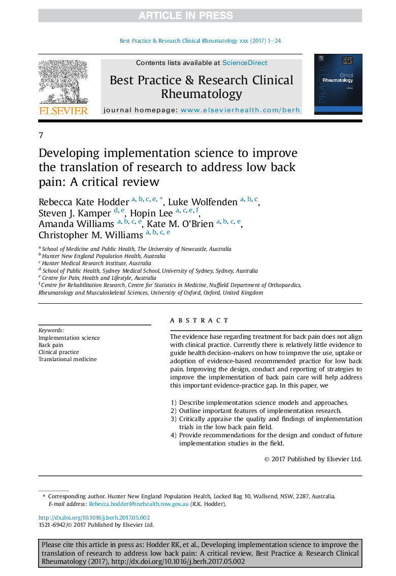 Developing implementation science to improve the translation of research to address low back pain: A critical review