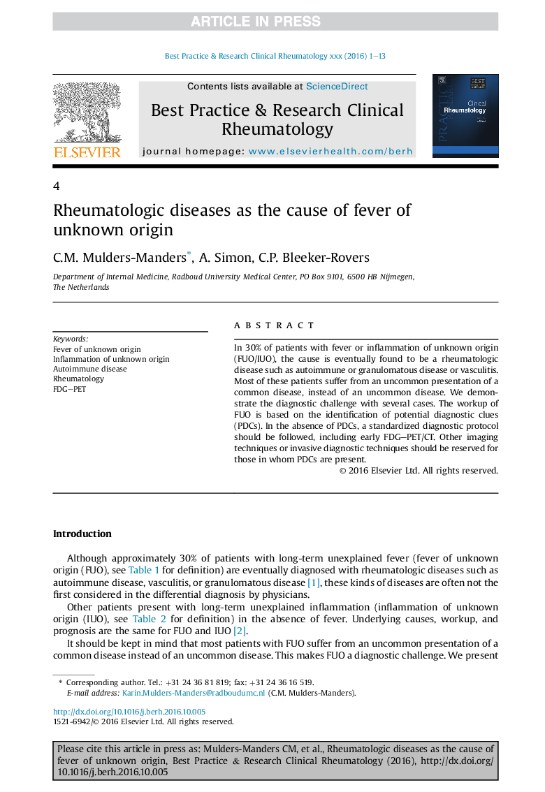 Rheumatologic diseases as the cause of fever of unknown origin