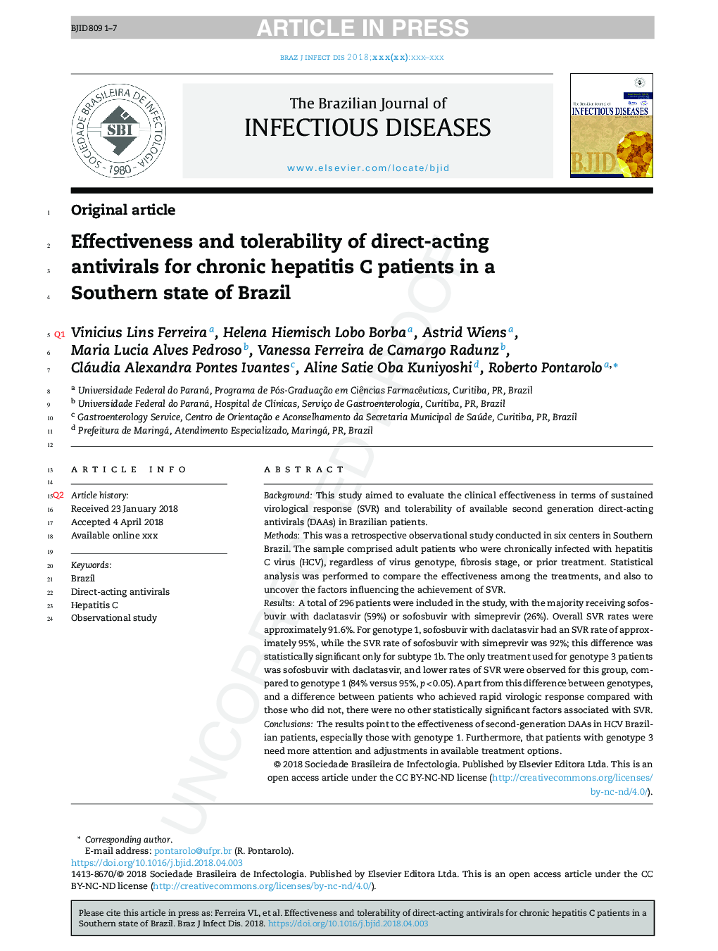 Effectiveness and tolerability of direct-acting antivirals for chronic hepatitis C patients in a Southern state of Brazil