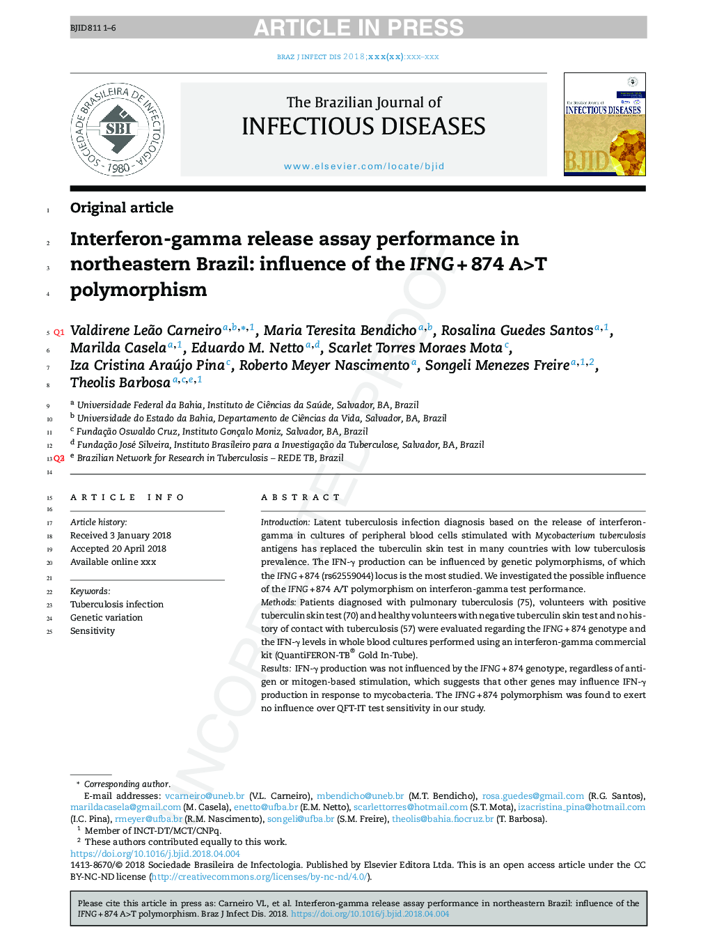 Interferon-gamma release assay performance in northeastern Brazil: influence of the IFNGÂ +Â 874 A>T polymorphism