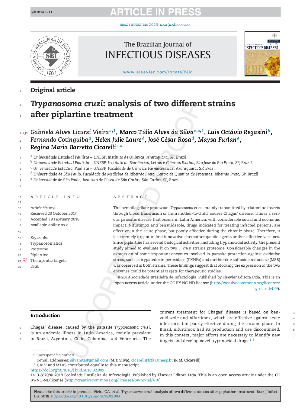 Trypanosoma cruzi: analysis of two different strains after piplartine treatment