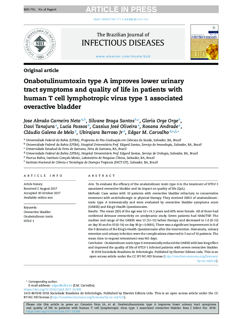 Onabotulinumtoxin type A improves lower urinary tract symptoms and quality of life in patients with human T cell lymphotropic virus type 1 associated overactive bladder