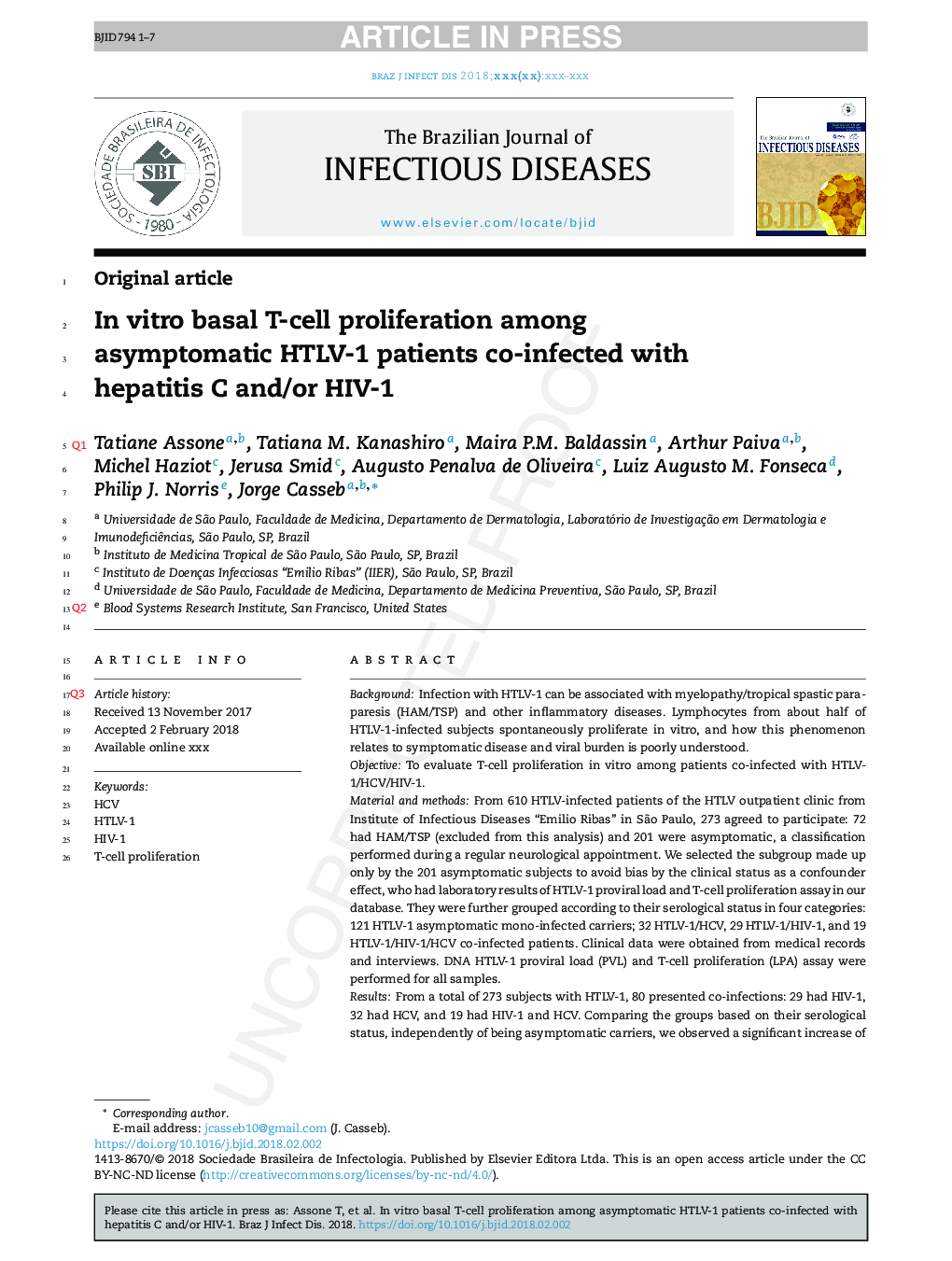 In vitro basal T-cell proliferation among asymptomatic Human T cell Leukemia Virus type 1 patients co-infected with hepatitis C and/or Human Immunodeficiency Virus type 1