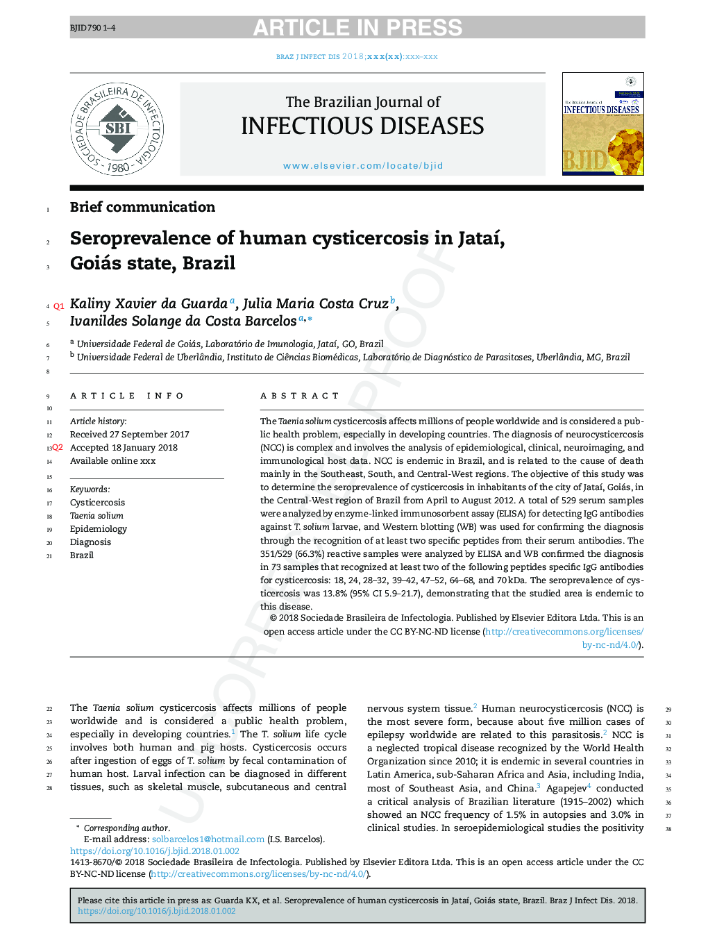 Seroprevalence of human cysticercosis in JataÃ­, Goiás state, Brazil