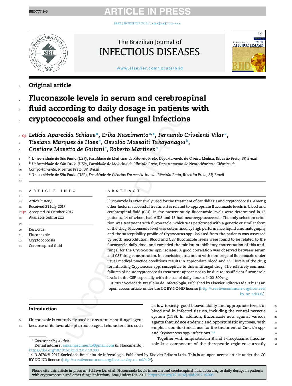 Fluconazole levels in serum and cerebrospinal fluid according to daily dosage in patients with cryptococcosis and other fungal infections