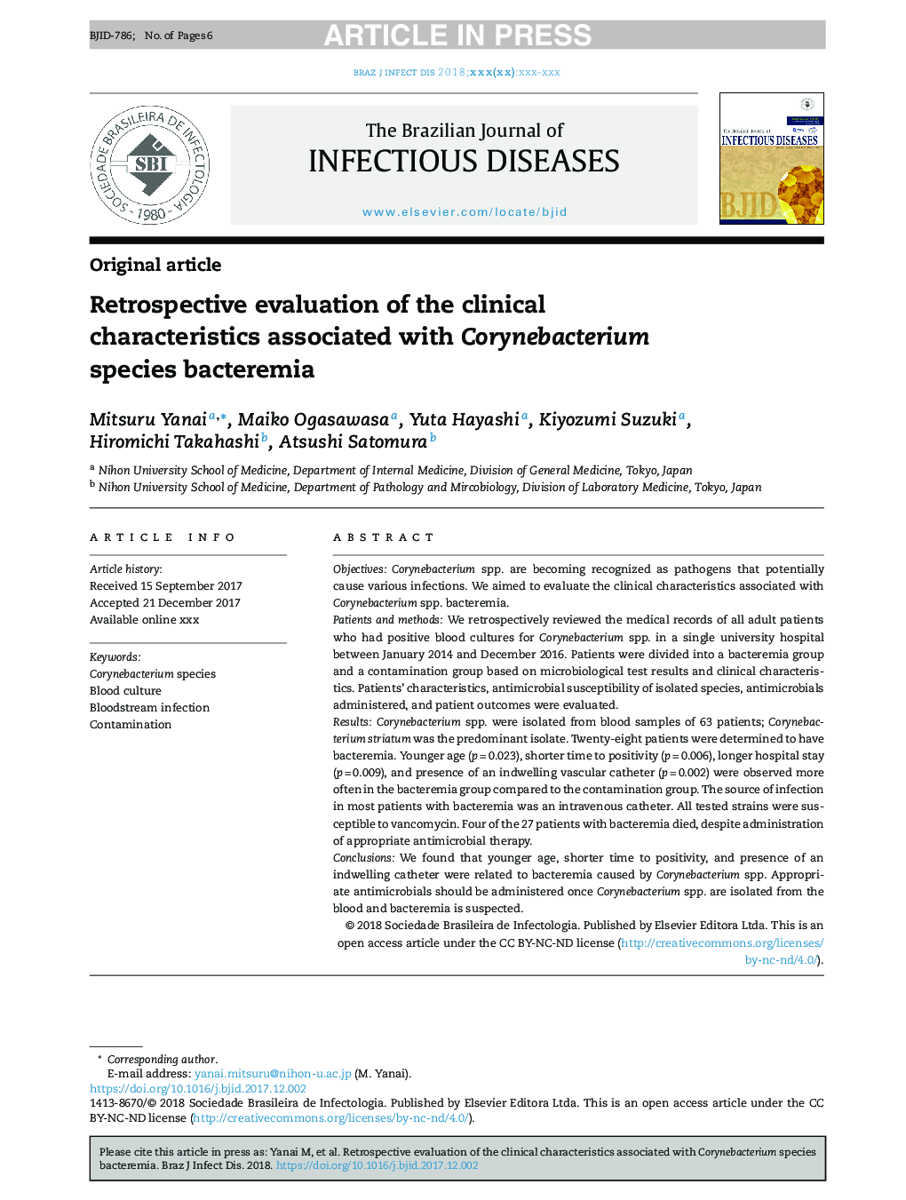 Retrospective evaluation of the clinical characteristics associated with Corynebacterium species bacteremia