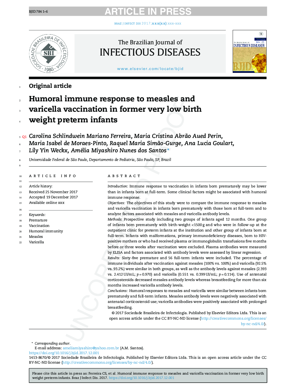 Humoral immune response to measles and varicella vaccination in former very low birth weight preterm infants