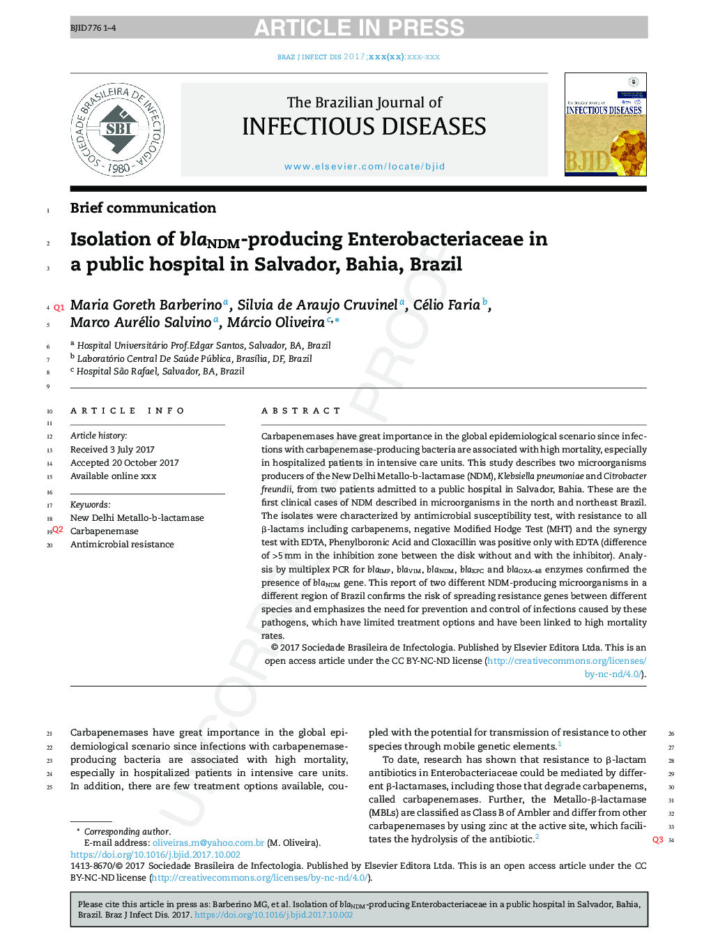 Isolation of blaNDM-producing Enterobacteriaceae in a public hospital in Salvador, Bahia, Brazil