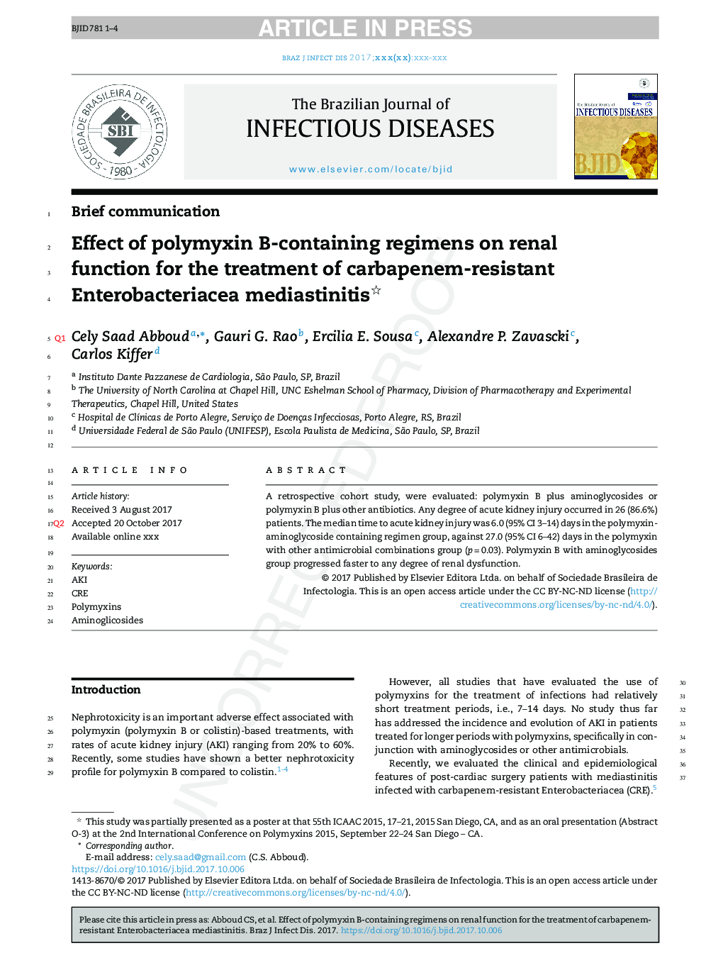 Effect of polymyxin B-containing regimens on renal function for the treatment of carbapenem-resistant Enterobacteriacea mediastinitis