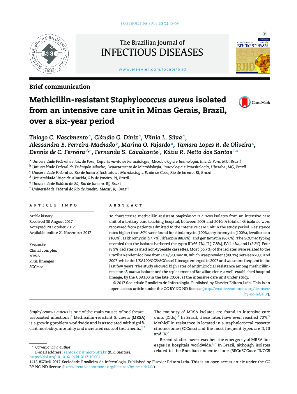 Methicillin-resistant Staphylococcus aureus isolated from an intensive care unit in Minas Gerais, Brazil, over a six-year period