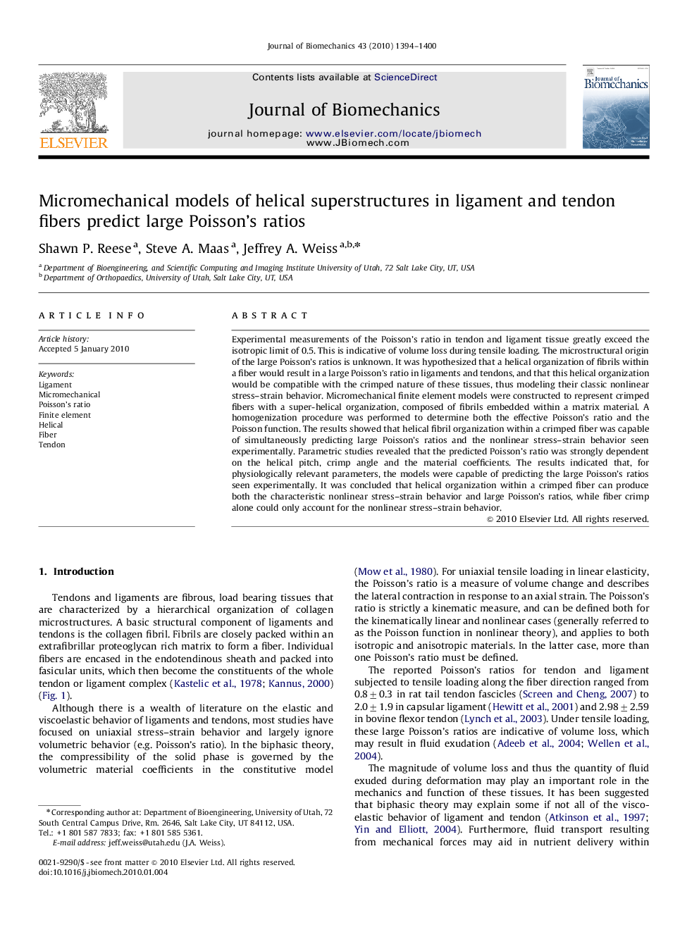 Micromechanical models of helical superstructures in ligament and tendon fibers predict large Poisson's ratios