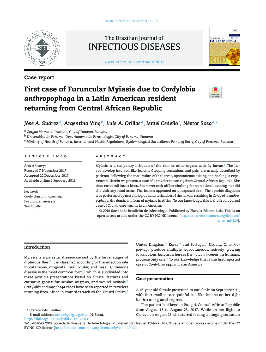 First case of Furuncular Myiasis due to Cordylobia anthropophaga in a Latin American resident returning from Central African Republic