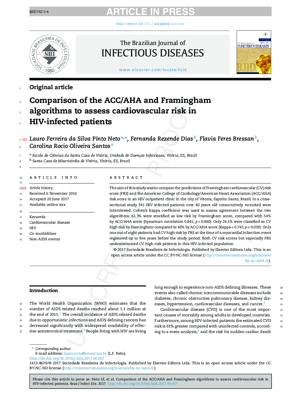 Comparison of the ACC/AHA and Framingham algorithms to assess cardiovascular risk in HIV-infected patients