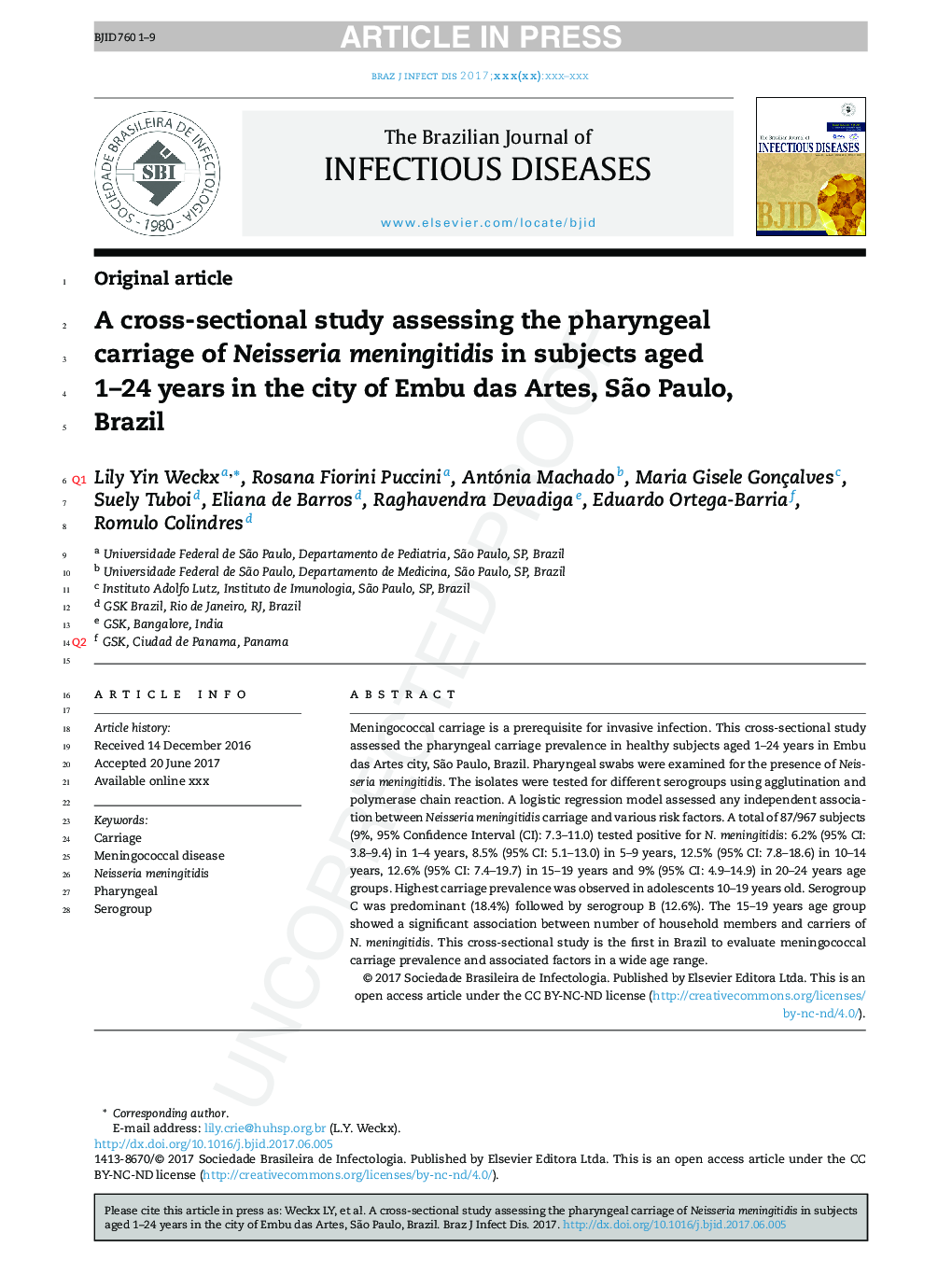 A cross-sectional study assessing the pharyngeal carriage of Neisseria meningitidis in subjects aged 1-24 years in the city of Embu das Artes, SÃ£o Paulo, Brazil