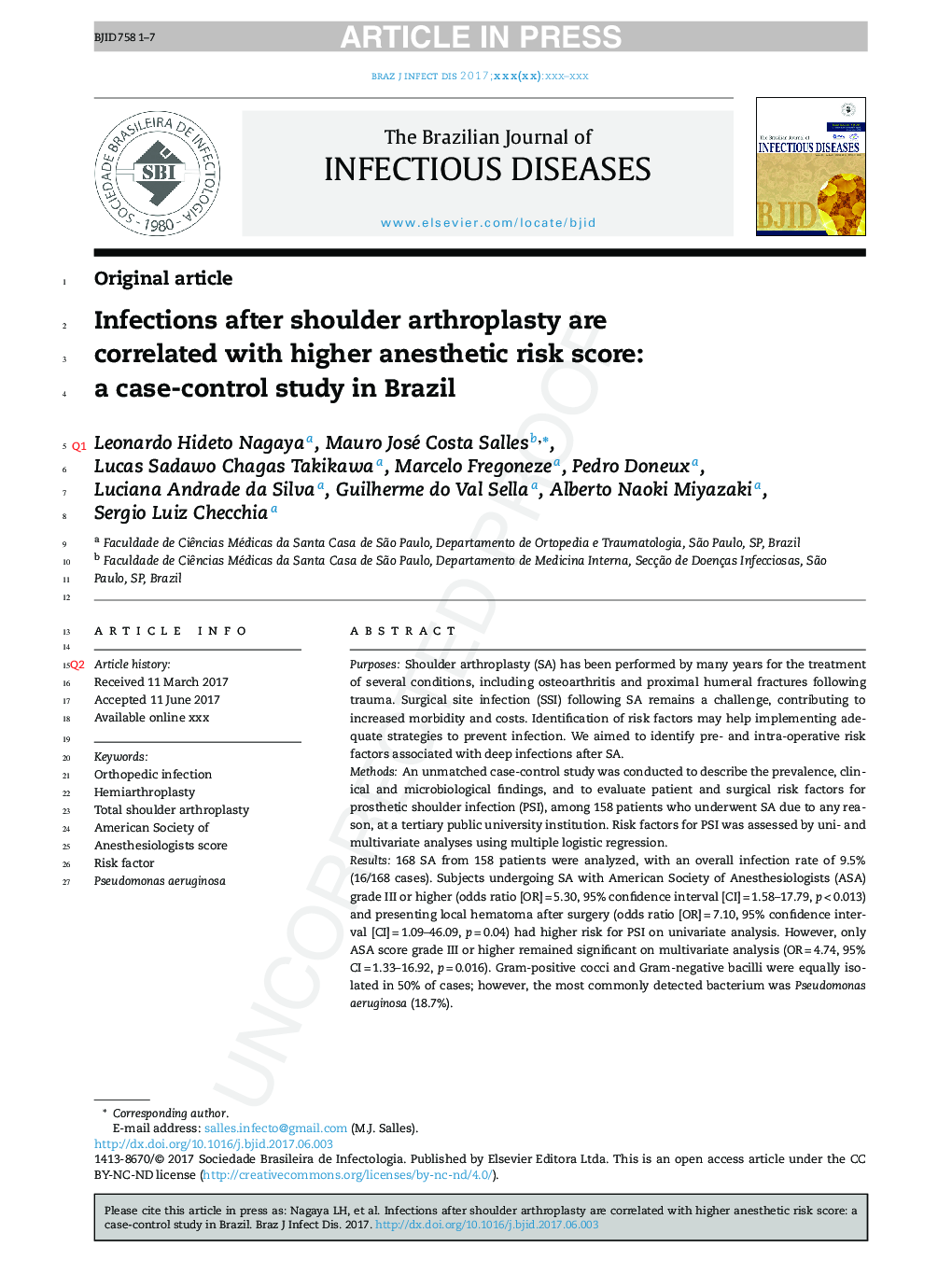 عفونت بعد از آرتروپلاستی شانه با نمره ریسک بالینی بیهوشی رابطه دارد: یک مطالعه مورد-شاهد در برزیل 