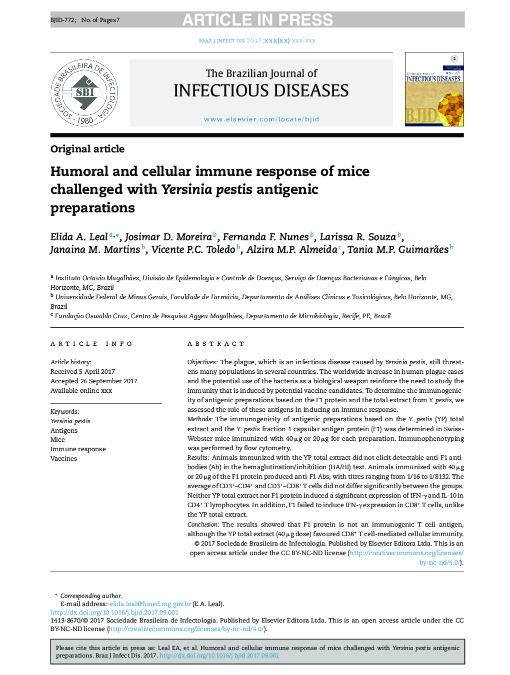 Humoral and cellular immune response of mice challenged with Yersinia pestis antigenic preparations