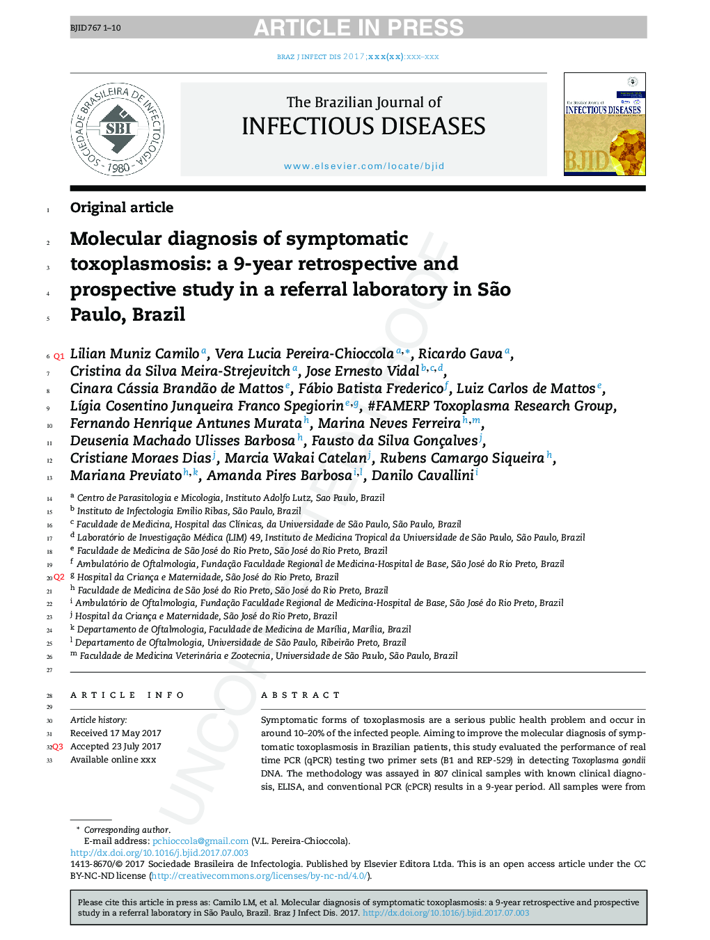 Molecular diagnosis of symptomatic toxoplasmosis: a 9-year retrospective and prospective study in a referral laboratory in SÃ£o Paulo, Brazil