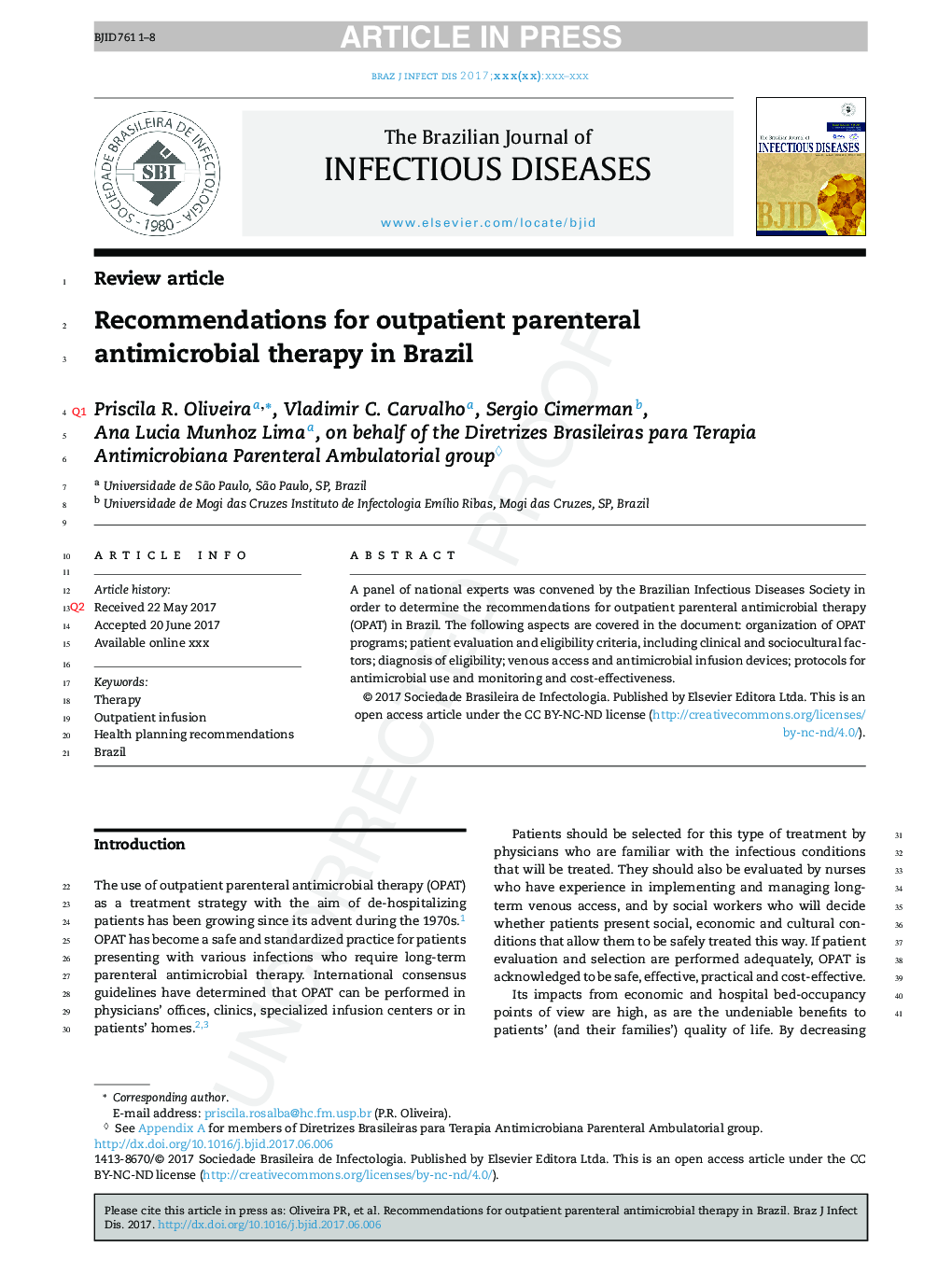 Recommendations for outpatient parenteral antimicrobial therapy in Brazil