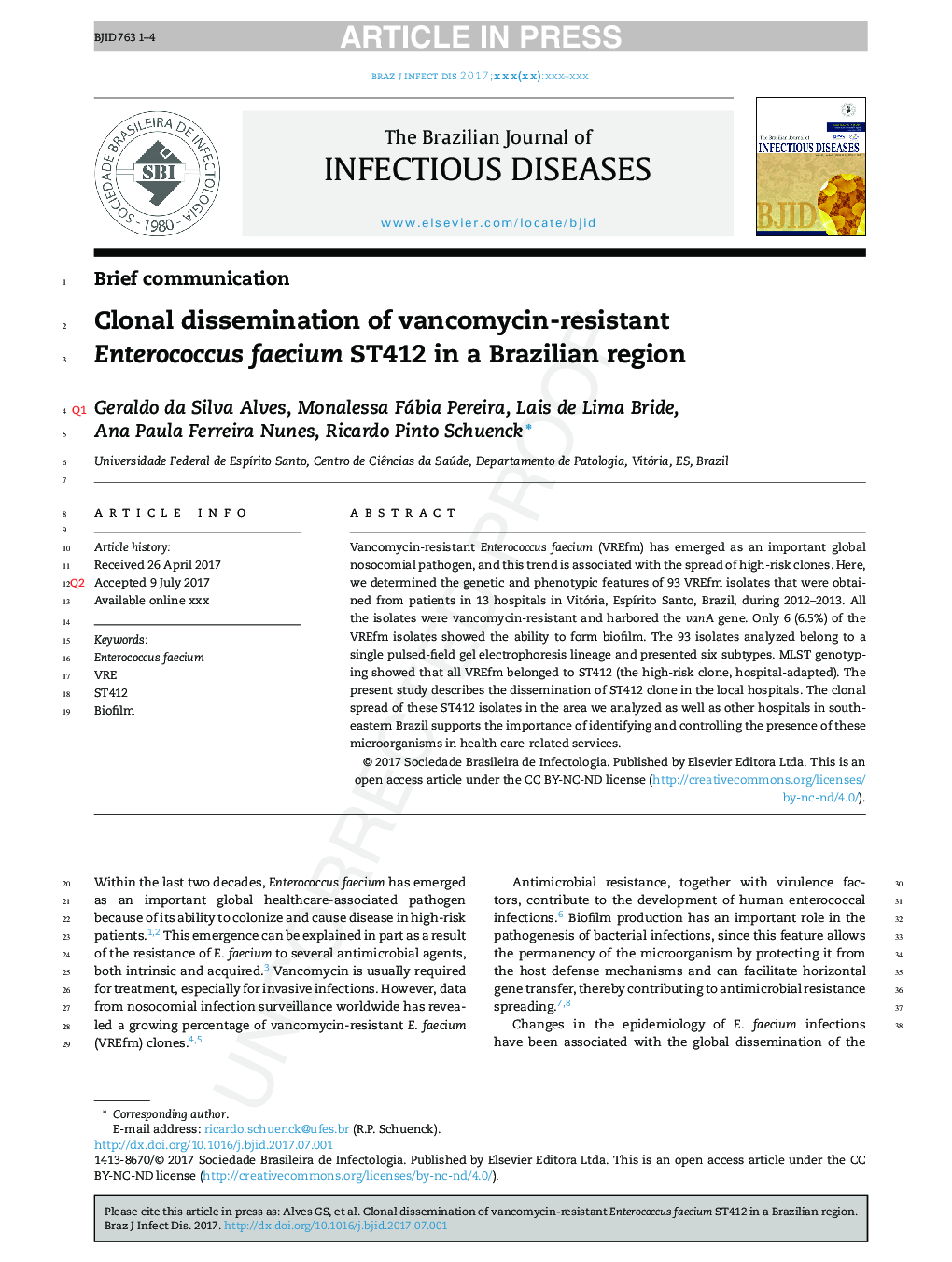 Clonal dissemination of vancomycin-resistant Enterococcus faecium ST412 in a Brazilian region