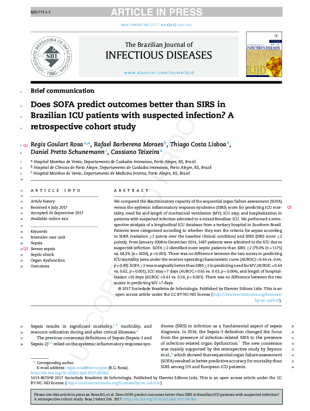 Does SOFA predict outcomes better than SIRS in Brazilian ICU patients with suspected infection? A retrospective cohort study