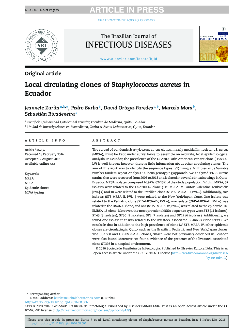 Local circulating clones of Staphylococcus aureus in Ecuador