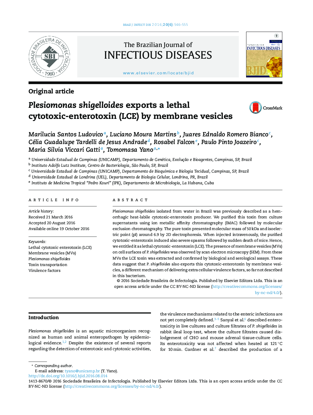 Plesiomonas shigelloides exports a lethal cytotoxic-enterotoxin (LCE) by membrane vesicles