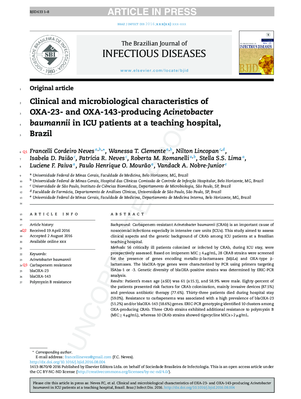 Clinical and microbiological characteristics of OXA-23- and OXA-143-producing Acinetobacter baumannii in ICU patients at a teaching hospital, Brazil