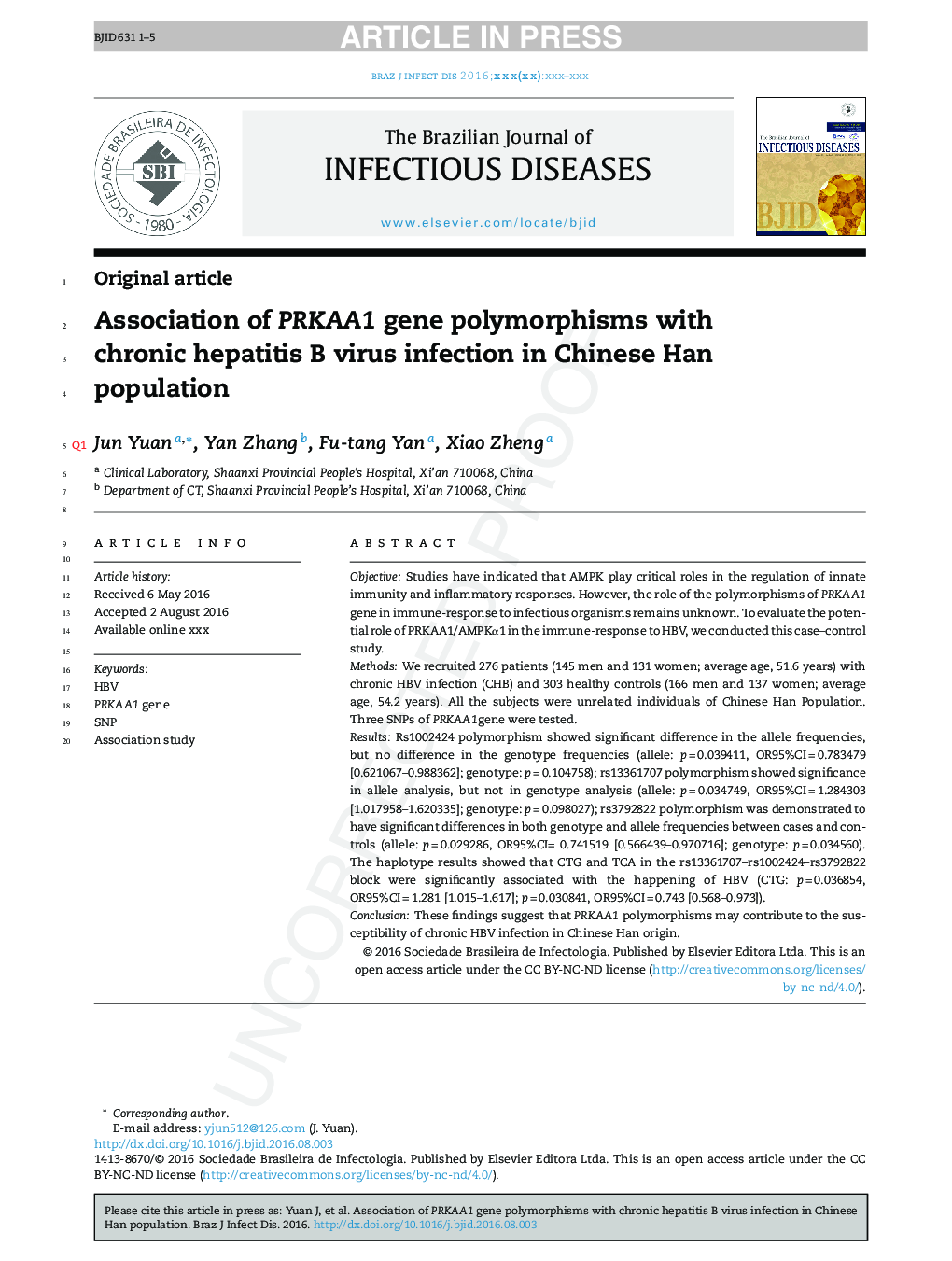 Association of PRKAA1 gene polymorphisms with chronic hepatitis B virus infection in Chinese Han population