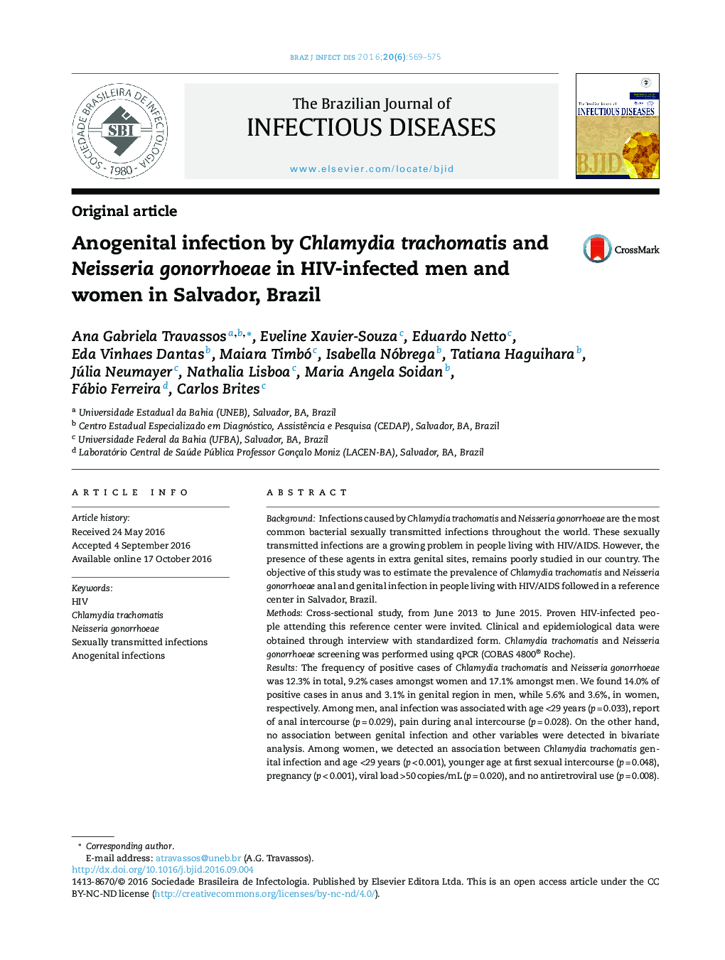 Anogenital infection by Chlamydia trachomatis and Neisseria gonorrhoeae in HIV-infected men and women in Salvador, Brazil