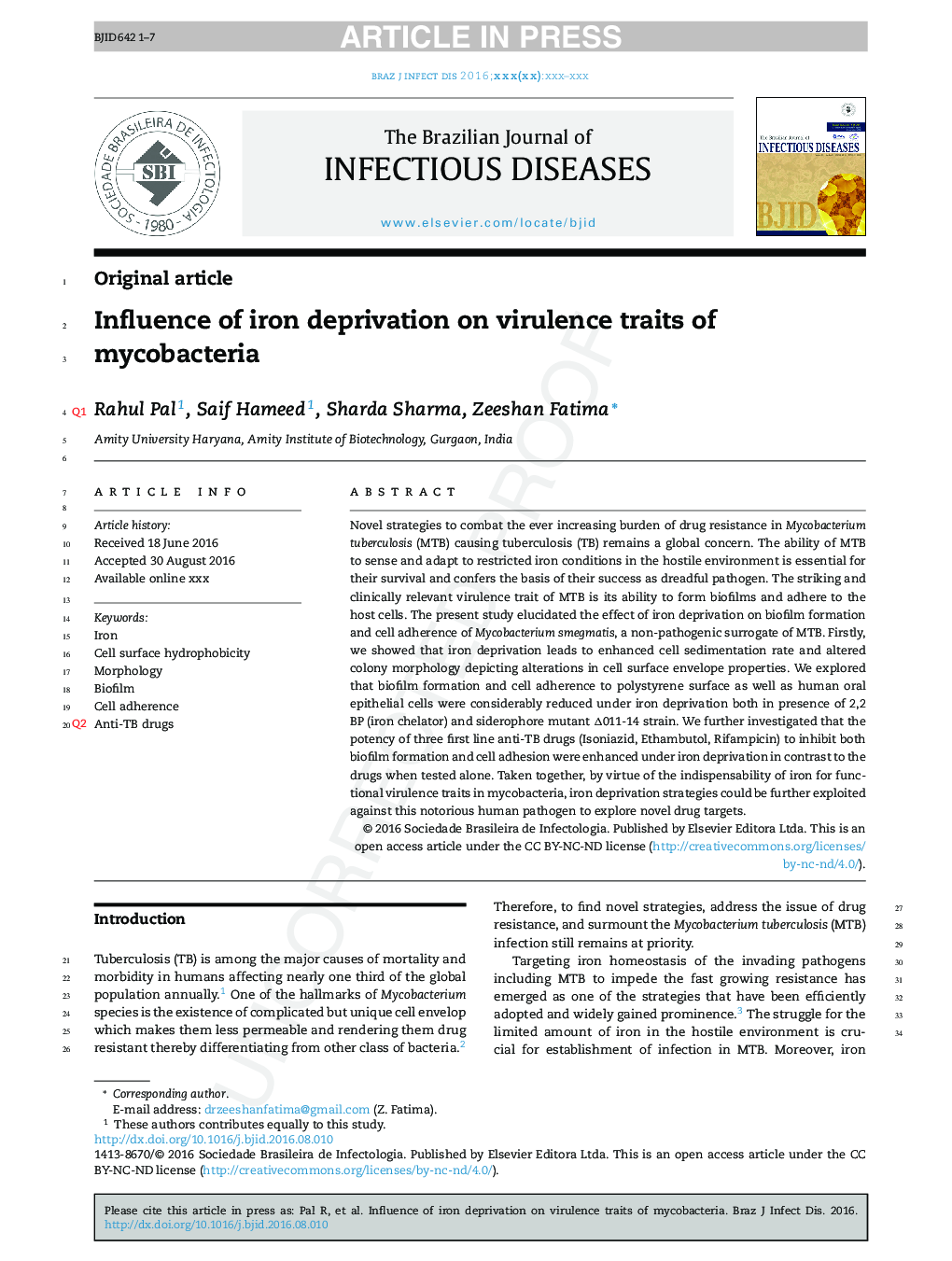 Influence of iron deprivation on virulence traits of mycobacteria