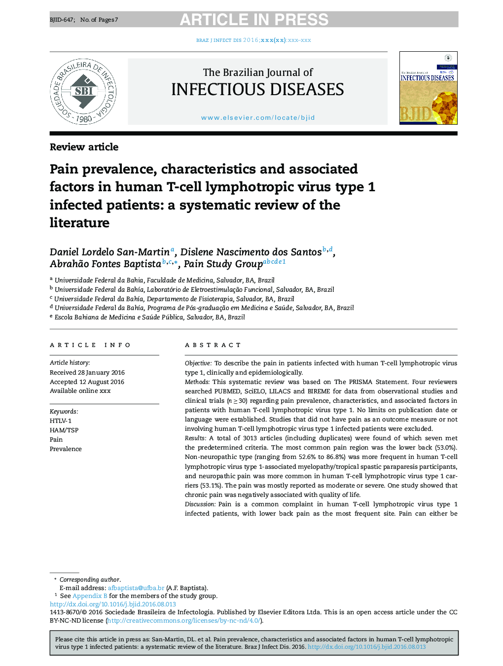 Pain prevalence, characteristics and associated factors in human T-cell lymphotropic virus type 1 infected patients: a systematic review of the literature